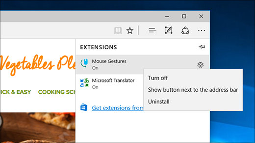 The context menu for extensions in Microsoft Edge