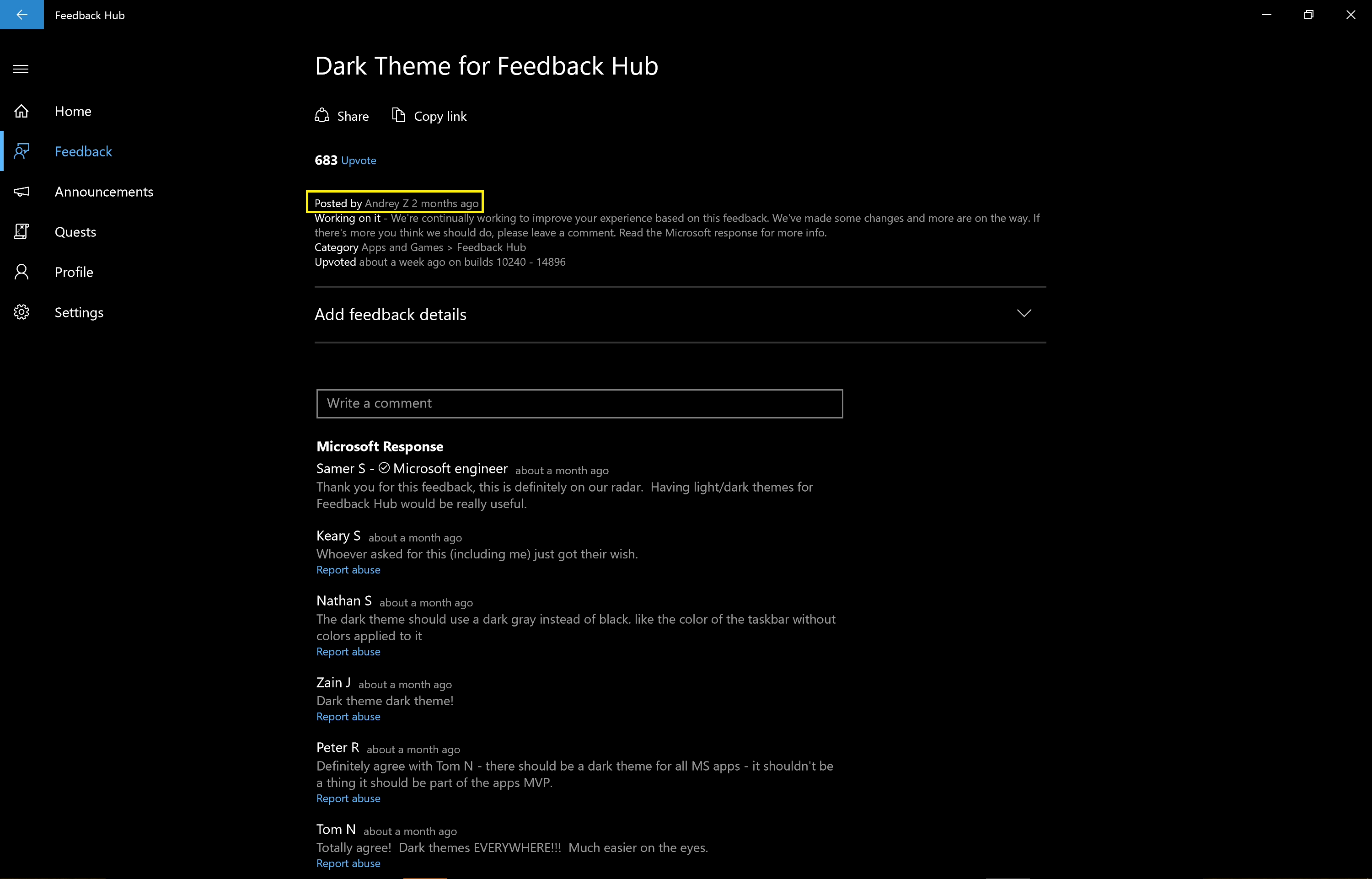 Insider Preview App update - Feedback Hub app version 1.1608.2441.0 ...
