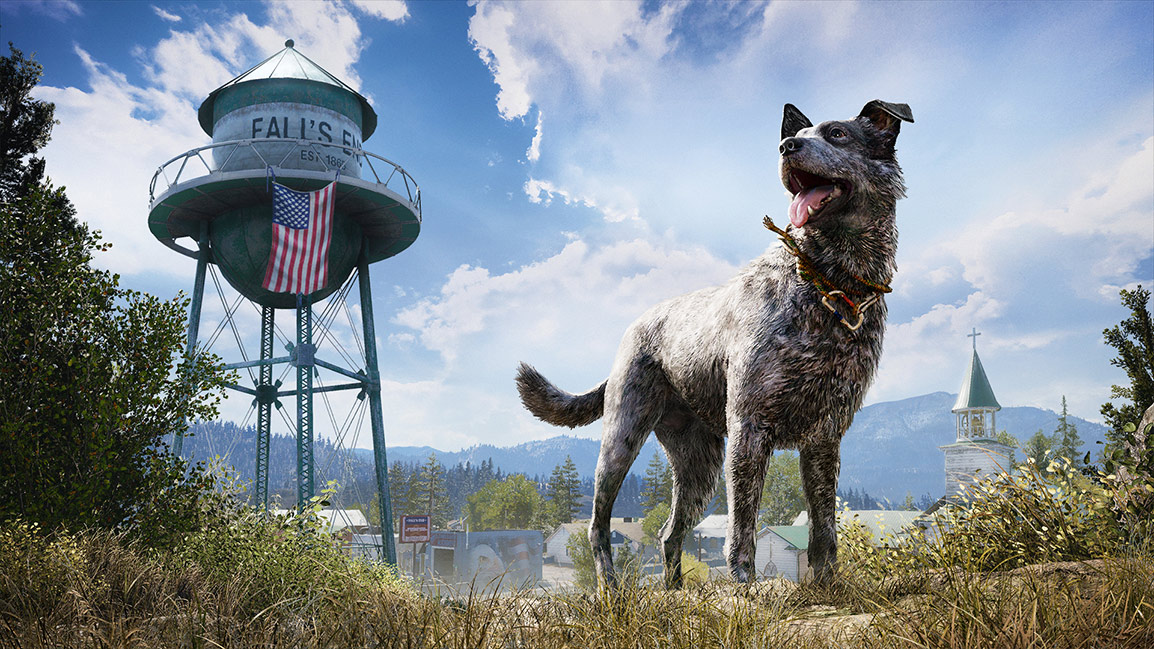 狗狗 Boomer 站在水塔前方。