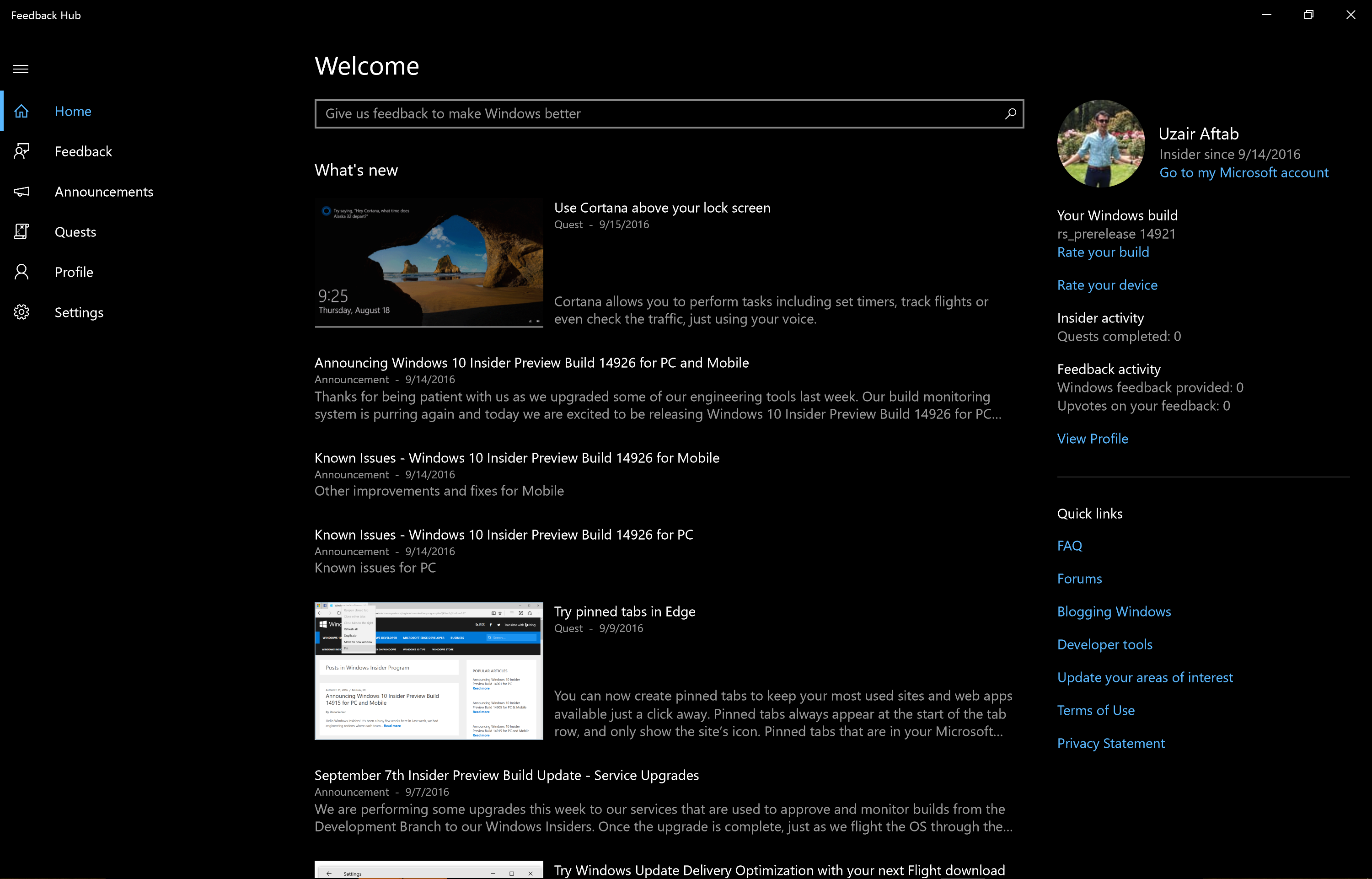 Insider Preview App update - Feedback Hub app version 1.1608.2441.0 ...